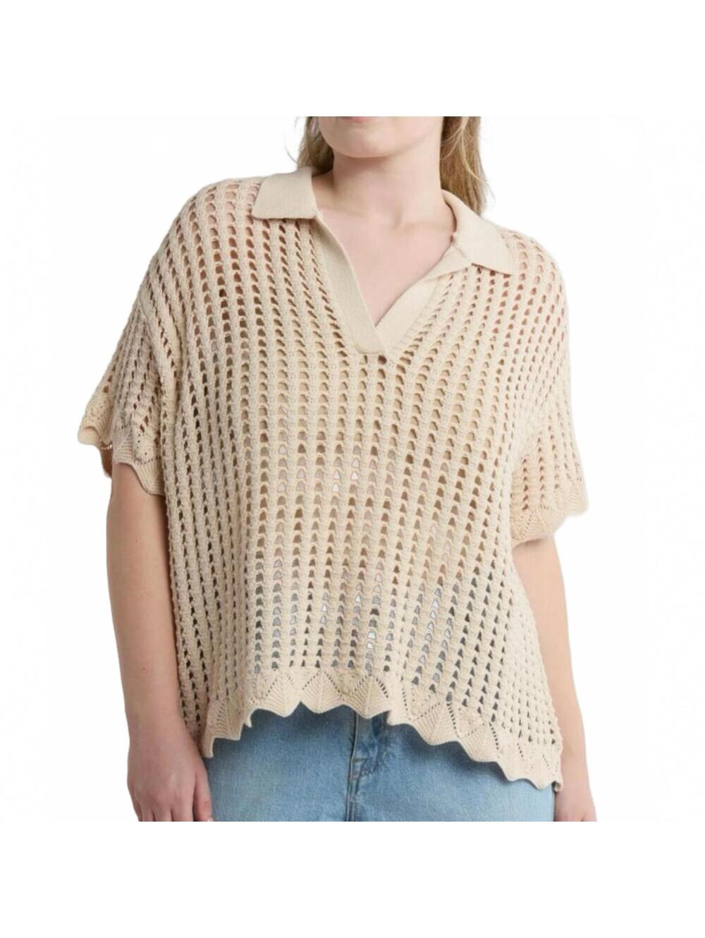 DR2 Daniel Rainn Cotton Pointelle Knit Polo Sweater Natural Beige NWT Size 1X